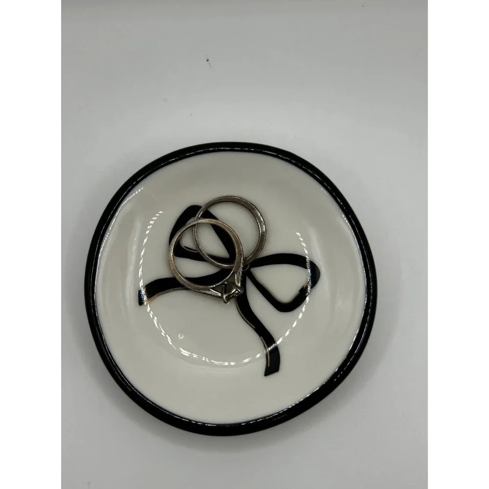 Black Bow Ceramic Trinket Dish Jewelry‎ Ring Tray White Gold